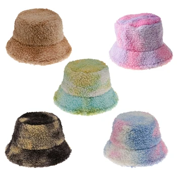 Unisex Winter Warm Fluffy Bucket Bucket Hat Spalvinga kaklaraiščio dažų spauda Žvejo kepurė