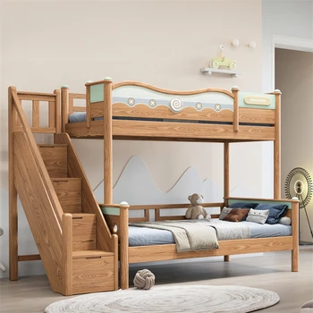 Vaikų baldų komplektai Vaikiška lova Madinga medinė buko medinė dviaukštė lova su čiuožykla vaikams Palėpės lova su daiktadėže