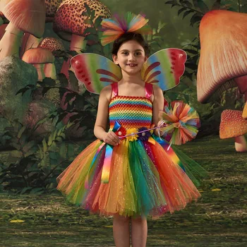 Vaivorykštės princesės fėjos suknelė mergaitėms Gimtadienio šventės drabužiai Blizgančios merginos Puošni Tutu suknelė Vaikai Helovino Pixie fėjos kostiumas