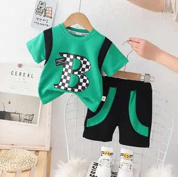 Vasaros drabužiai vaikams Animacinis filmas Laiškas apvaliu kaklu trumpomis rankovėmis marškiniai ir šortai Berniukų apranga Baby Two Piece rinkinys sportiniai kostiumai
