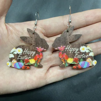 Velykiniai triušio riešutmedžio auskarai - mielas medinis zuikis ir pavasario gėlių spausdintas kabantys auskarai moterims Velykų pavasario papuošalai