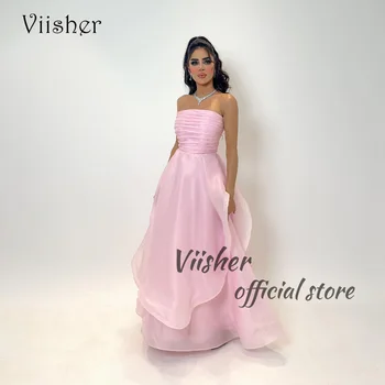Viisher Pink Organza vakarinės suknelės Klostės Pakopinės be petnešėlės Dubajaus arabų prom vakarėlių suknelė Grindų ilgis Vakariniai chalatai