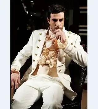 Vintage White Prince Style Groomsmen Vyriški kostiumai Stovas Apykaklė Jaunikis Vestuviniai smokingai Custom 2 dalių švarkas+Kelnės Kostiumas Homme