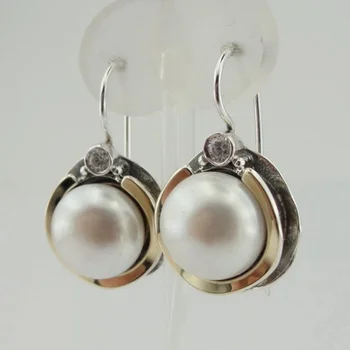 Vintažiniai apvalūs perlų imitacijos auskarai moterims Madingi sidabro spalvos metalo inkrustuoti balto akmens kabantys auskarai