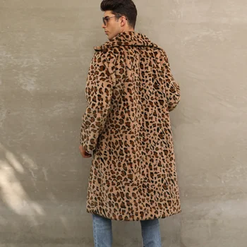 Vyrai Dirbtinio kailio striukė Leopardo paltas Žieminis storas ilgomis rankovėmis Šiltas gauruotas viršutinis drabužis Prabangus kailis Ilgas švarkas Bontjas Striukės Vyrai