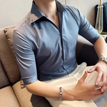 Vyrai Vasariniai marškinėliai su V formos kaklu 2022 Half Sleev Formal Slim Fit Business Shirt Stretch Anti-wrinkle Social Party Vyriška palaidinė
