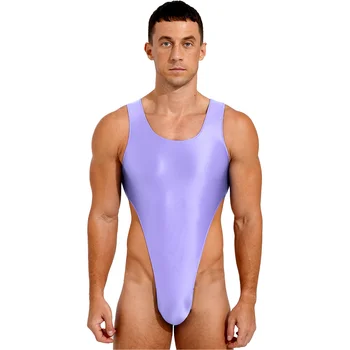 Vyriškas blizgus smėlinukas Apatinis trikotažas Vientisas vyriškas maudymosi kostiumėlis Berankovė Tampri Aukšto kirpimo Leotard kultūrizmo mankštos maudymosi kostiumėlis