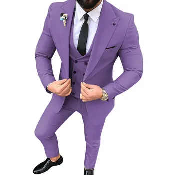 Vyriškas kostiumas Elegantiškas violetinis vieno mygtuko verslo biuras Dėvėti vestuvių jaunikis Banketas Vyrai Slim Fit Striukė Liemenė ir kelnės 3 dalių komplektas