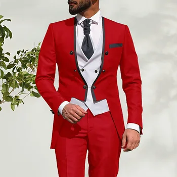 Vyriški kostiumai Terno Blazer Smokingas Oficiali proga Raudona dvivietė elegantiška apranga Kostiumas 3 dalių švarkas Kelnės Liemenė Slim Fit