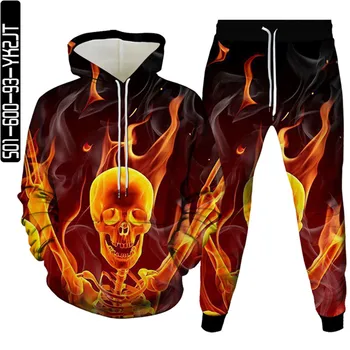 Vyriški sportinių kostiumų rinkiniai Hip Hop Punk Skull Fire 3D Printed Hoodies Bėgiojimo kelnės Tinka aukštos kokybės moteriški gatvės drabužiai plius dydis S-6XL