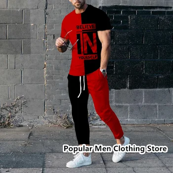 Vyriškos kelnės Sportiniai kostiumai 3D Print Summer Jogger Sportinė apranga Marškinėliai trumpomis rankovėmis Ilgos kelnės 2 dalių komplektai Laisvalaikio gatvės drabužiai