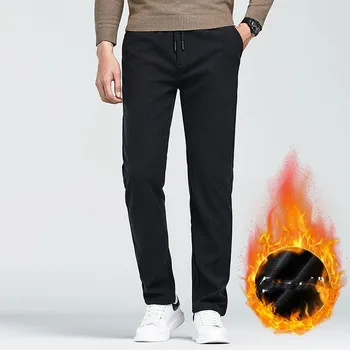 Vyrų rudens žiemos elastinės juosmens kišenės Kietas raištelis Anglijos stilius Laisvalaikio laisvos tiesios kelnės Madingos oficialios kelnės