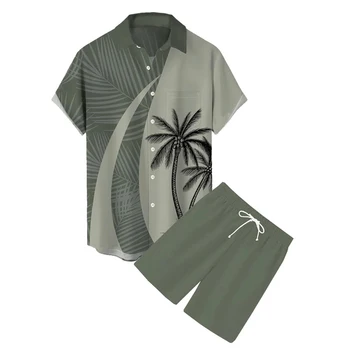 Vyrų vasaros marškinėliai trumpomis rankovėmis Havajų kokoso palmių marškinių rinkinys vyrams/moterims Laisvalaikio sagos paplūdimio marškiniai Oversized marškinių komplektas