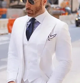 Wide Peaked Lapel Vyriški kostiumai vestuviniams smokingams Baltas jaunikis Geriausias vyro švarkas 3 vnt Smart Casual Business Tuxedos