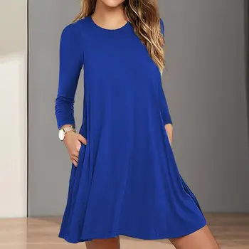 Women Fall Spring Dress Round Neck A-line Big Hem Long Sleeve Solid Color Pullover Loose Soft Breathable Above Knee Length