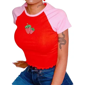 Women Gym Top Sexy Strawberry Printed Lace Up Hem Short Sleeve Crop Top Fashion Slim Short Tees Sport Tops Yoga Shirt Fitness