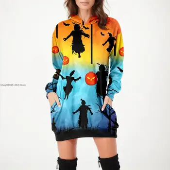 Womens Halloween 3D Pumpkin Print Pullover Tops Casual Long Loose Pride Sweater Pocket Hoodies Ladies Sweatshirt Dress