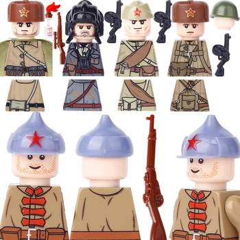 WW1 WW2 Karinis sovietų kareivių statybinis blokas Raudonosios armijos figūrėlės Ginklų dalys PPSH Bujoni skrybėlių šalmo kaladėlės Mini 