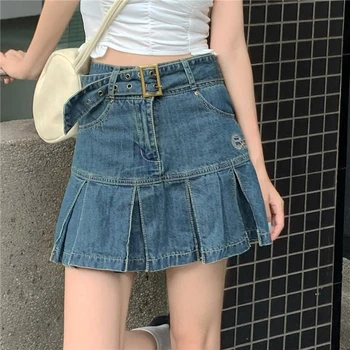 Y2K Summer Grunge Mini sijonas Mėlyna Vientisos spalvos Korėjos mados moteriški sijonai Plisuotas Gyaru džinsinis moteriškas sijonas Drabužiai 2023