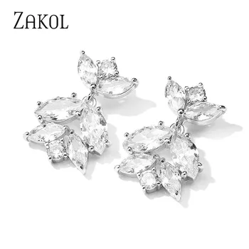 ZAKOL Fashion Leaf Shape Cubic Zirconia Crystal Stud auskarai moterims Geometrija Vestuvių papuošalai EP5117