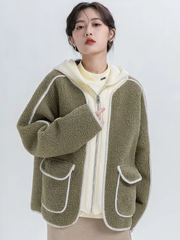 Zoki Women Patchwork Faux Lamb Coats Casual Thin Long Sleeve Fake Two Hoodies Chic Loose Design Korean All Match Female Jacket
