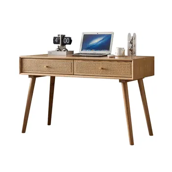 Šiaurės šalių rotango austas medžio masyvo stalas ir kėdės derinys minimalistinis mažas vienetinis kompiuterio stalas iš balto vaško medienos