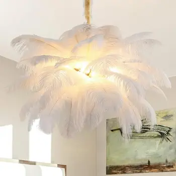 Šviestuvas- Modernus stručio plunksnos šviestuvas -Baltas plunksnų šviestuvas Šiuolaikinė pakabuko šviesa,6 Šviestuvai Lubų šviestuvas