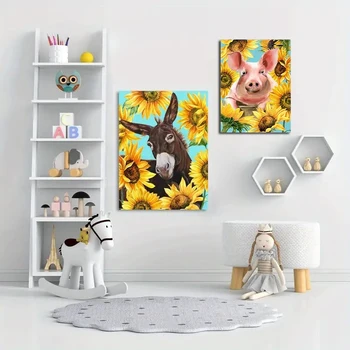 Ūkio karvė Kiaulė Drobė Tapyba Kaimo gyvūnai Saulėgrąžos Plakatai ir spaudiniai Akvarelės sienų menas Paveikslas Estetiškas vaikų kambario dekoras