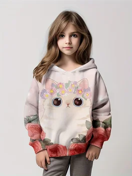 Žavingas kačiukas Gėlių atspaudas Mergaitė Madingi džemperiai su gobtuvu, 
