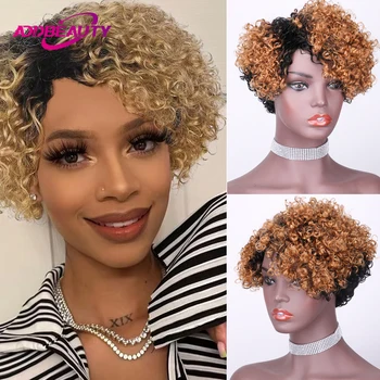 Žmogaus plaukų perukai moterims Afro Kinky Garbanotas pilnas aparatas pagamintas perukas Pixie Cut Glueless Wigs Clips in Human Hair Extensions 6inches