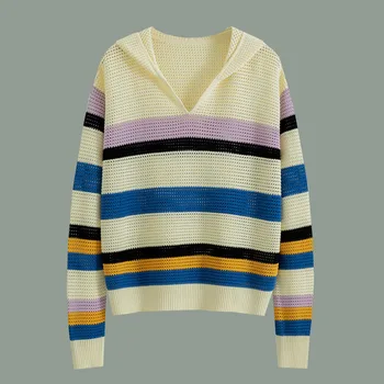 2023 Vasara Naujos moterys Tuščiavidurių spalvų kontrastas Dryžuotas megztinis ilgomis rankovėmis su gobtuvu
