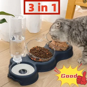 Pet Cat Bowl automatinis tiektuvas 3-in-1 Šunų kačių ėdalo dubuo su vandens fontanu Dvigubas dubuo Geriamasis pakeltas stovas Indų dubenys katėms